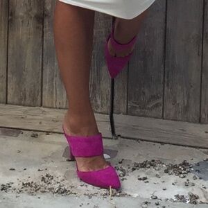 Fuschia suede Jessica Simpson slide on heels